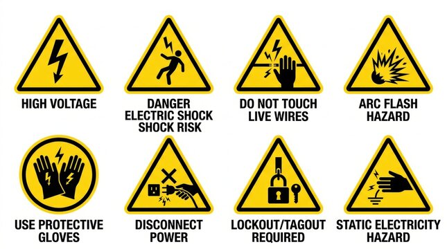 Industrial electrical safety warning signs and icons collection