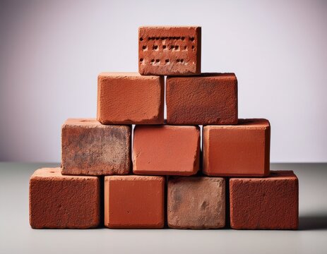 stack of rustic red bricks arranged in a pyramid shape on a neutral backdrop showcasing texture and color variation for construction or design use