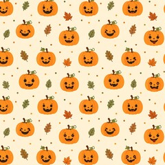 Fototapeta premium Cute Halloween Pumpkin Seamless Pattern with Autumn Leaves Background