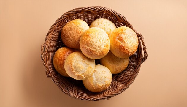 brazilian cheese bread in a rustic basket isolated aerial top view on beige background
