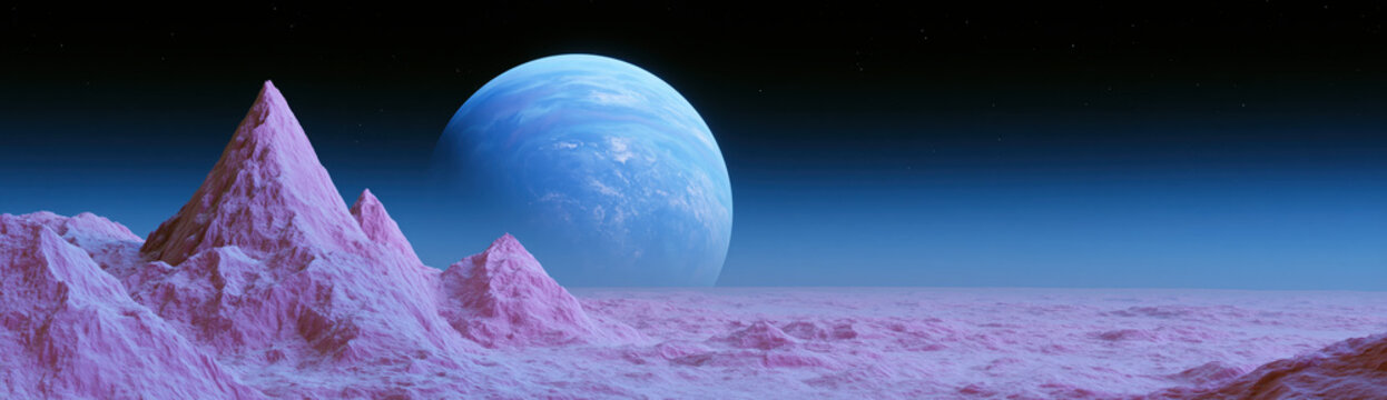 Pink Exoplanet Horizon View - A massive, swirling blue gas planet looms on the horizon over a vast, rugged terrain of textured pink mountains under a dark, star-speckled deep space sky