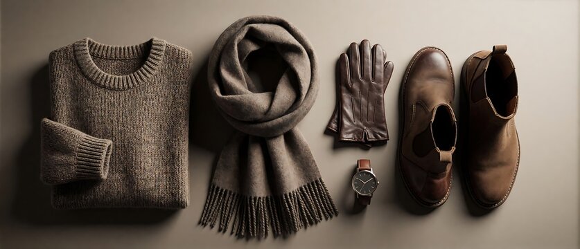 Flat lay of warm brown winter clothes and accessories for men