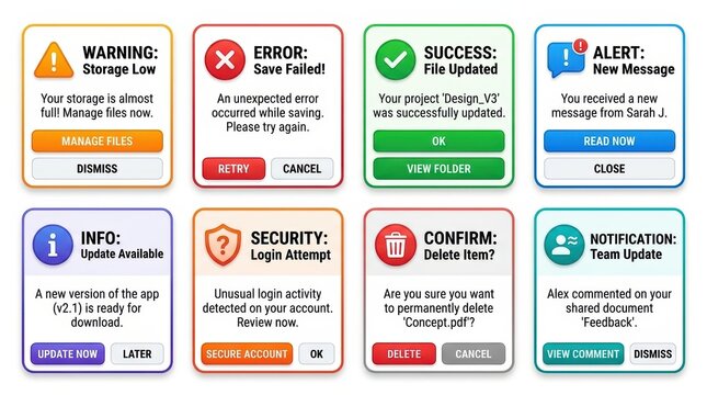 Set of modern app notification modal windows and alert messages