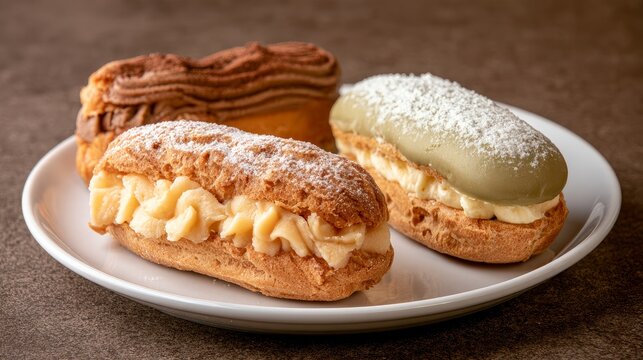 Dessert pastry &eacute;clairs close up on a plate