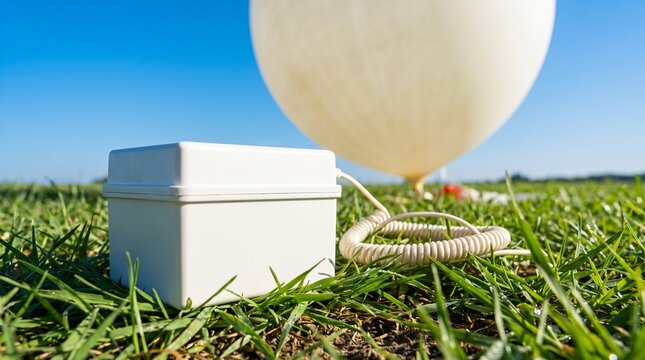 White Radiosonde Instrument Box Beside An Inflated Weather Balloon On Grass