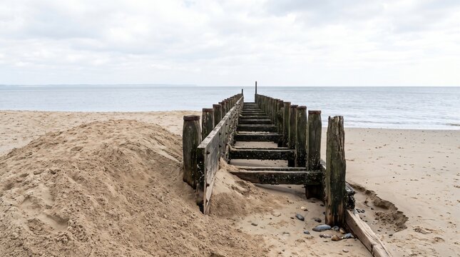 Weathered Timber Groyne on a Beach With Sand Built Higher on One Side, Longshore Drift