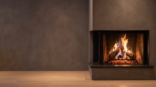 Modern wood-burning fireplace with glowing logs and embers in minimalist interior, warm evening hearth scene with textured plaster wall and generous negative space