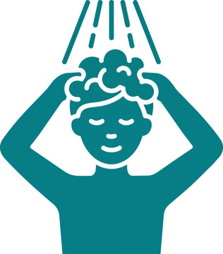 A solid teal icon depicting a person lathering their hair under a shower, symbolizing hygiene, personal care, and freshness