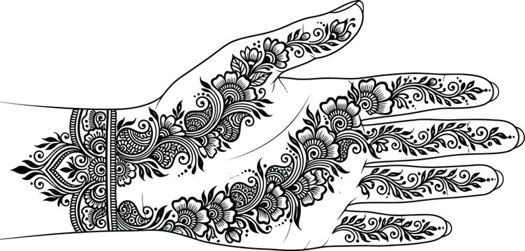 Beautiful henna tattoo design on a human hand with traditional floral patterns and intricate line art style for wedding celebration and cultural body decoration