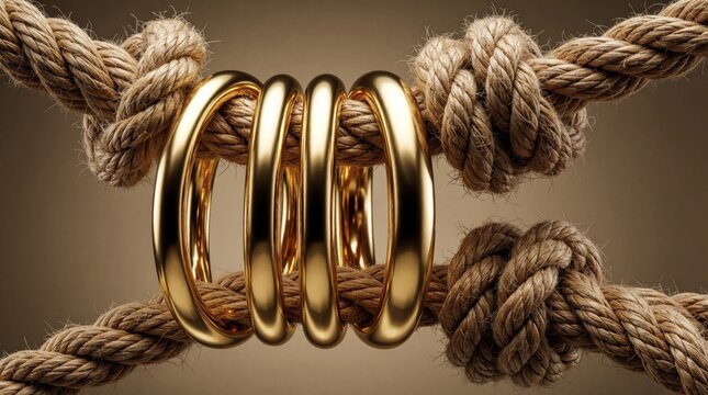 Four shiny gold rings hang on thick knotted ropes. Metal bands connect heavy hemp cords together. Luxury jewelry strong marriage bond, unbreakable connection. Abstract concept of love, commitment