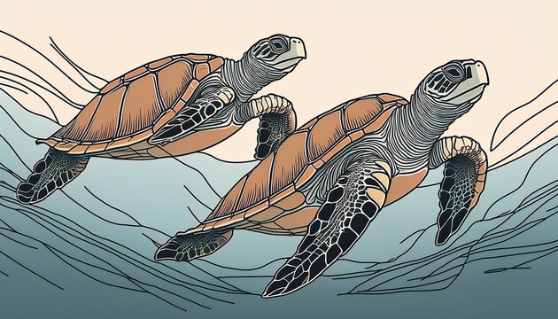 continuous one line drawing of two sea turtles swimming for marine conservation