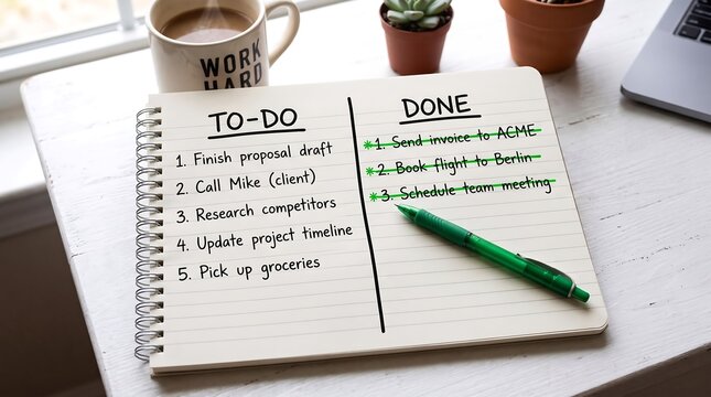 To do and done checklist on a notebook on an office desk