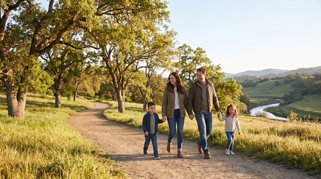 Happy young family walking together hand in hand along a dusty dirt path through beautiful grassy hills during golden hour