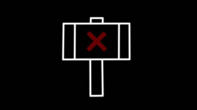 White Line Hammer Icon with Flashing Red Cross Mark Ban Animation Loop on Black Background