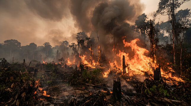 Wildfire burning tropical rainforest tree trunks and foliage with thick dark smoke clouds and burning flames concept of climate change and deforestation