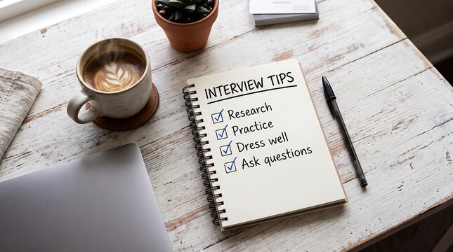 Notebook with interview tips on a wooden table