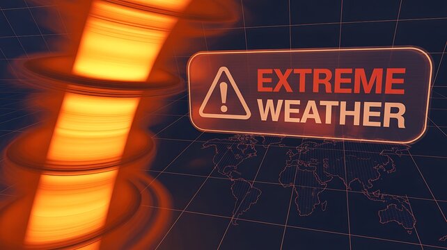 Extreme weather warning sign with a glowing orange tornado and world map background