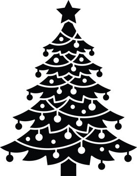 Solid black silhouette of a traditional tiered pine tree, decorated with string lights and ornaments, topped with a star, symbolizing Christmas and holiday cheer, suitable for festive designs