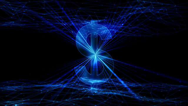 glowing digital dollar symbol isolated on blue grid wave pattern from nodes and lines, futuristic dollar currency concept, overlay texture template illustration