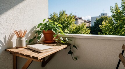 Obraz premium Balcony with wooden table, potted plant, book and pencils in jar. Outdoor space overlooking cityscape with trees and buildings. Sunny day with shadows.