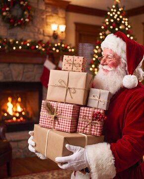 Merry Santa Claus Standing in a Magical Decorated Room