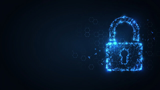 Digital padlock with glowing blue circuit pattern representing cyber security and data protection