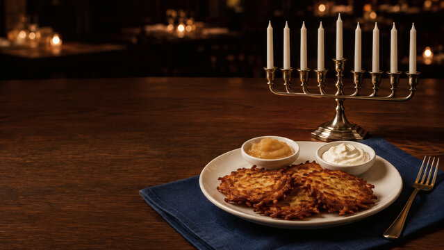 Hanukkah latkes on a restaurant table beside a Hanukkiah