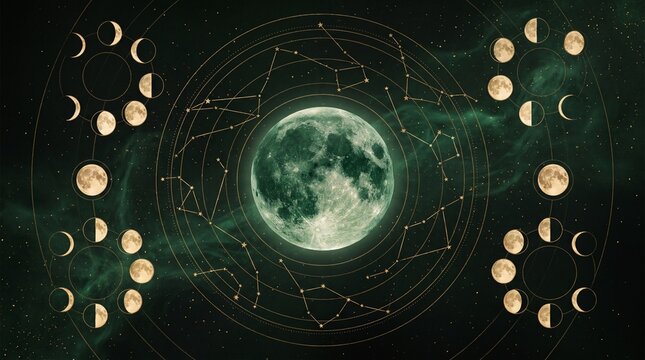 Full lunar cycle display features glowing green moon centered within intricate golden celestial star charts and complex geometric rings on a dark textured artistic background