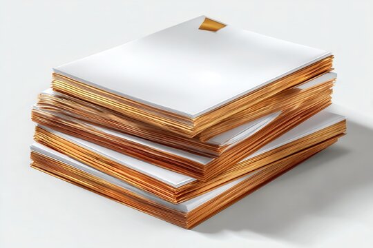 Stack of white paper with gold edges on white background