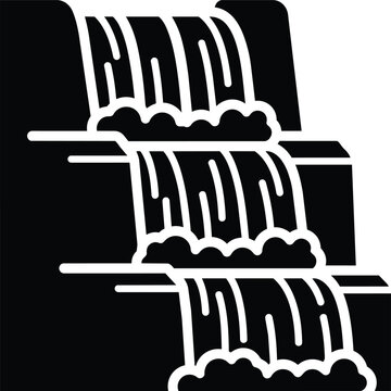 Solid black silhouette of a waterfall cascading over three distinct ledges, creating a natural and scenic stepped falls icon.
