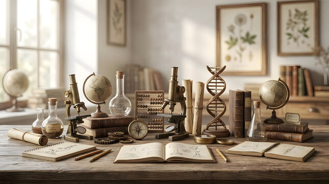 Vintage scientific study with microscope and celestial globes