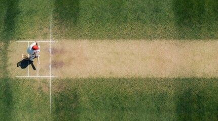 Fototapeta na wymiar Top view of cricket pitch on green grass field. Male athlete wears white uniform, red helmet preparing to bat. Player holds wooden bat at crease during sunny daytime match in sports stadium for