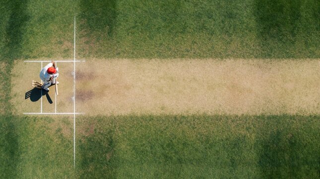 Top view of cricket pitch on green grass field. Male athlete wears white uniform, red helmet preparing to bat. Player holds wooden bat at crease during sunny daytime match in sports stadium for