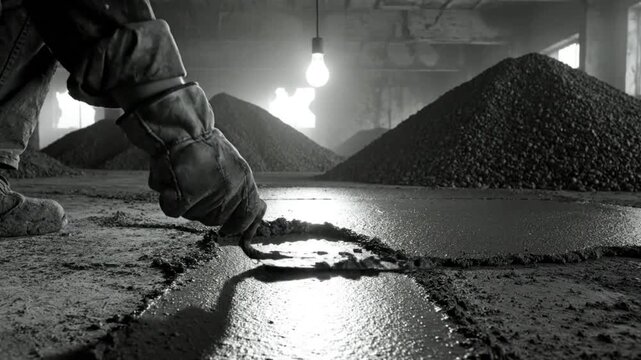Black and white shot of a construction worker using a trowel to work on wet concrete with piles of gravel in the background