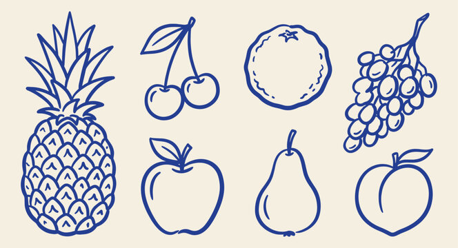 blue outline icons set of fresh fruits including pineapple cherries apple pear orange grapes and peach