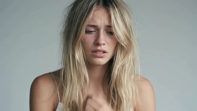 Young Blonde Woman, Pulling slightly at a necklace or the neckline of a shirt, suggesting feeling suffocated.