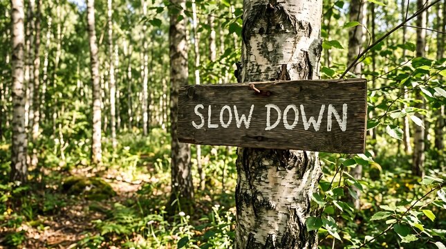 Slow down wooden sign hanging on a tree in a green forest