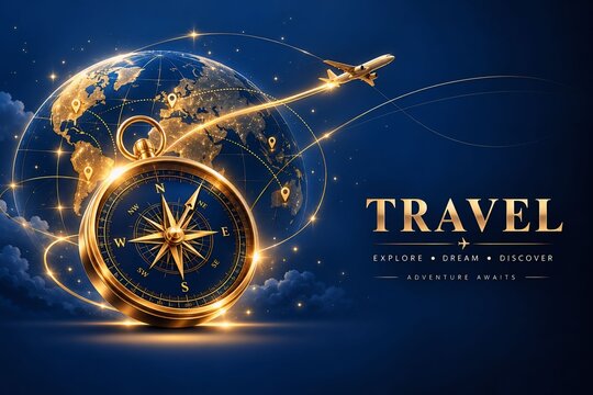 Travel adventure concept with golden navigational compass globe and airplane flying over night sky