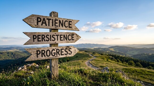 Wooden signpost with patience persistence and progress text