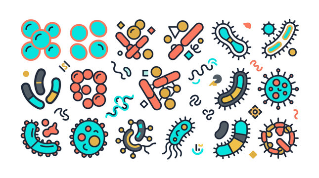 Microbes and microscopic bacteria are scattered in a colorful pattern on a white surface.