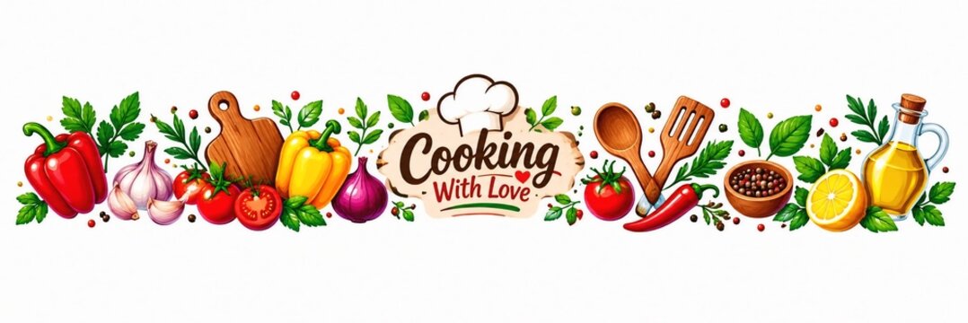 Cooking with love kitchen banner illustration with fresh vegetables and wooden utensils food illustration chef hat