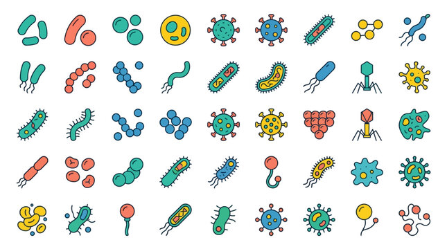 Bacteria icons arranged neatly in a grid pattern on a clean white background.