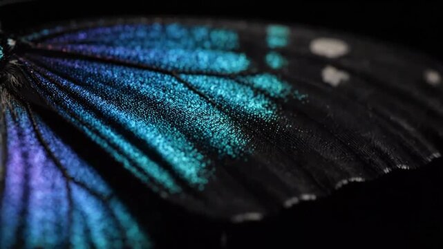 Close-up of iridescent butterfly wing in darkness