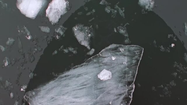 A ship moves through the Arctic Ocean as drifting ice floes spread across the cold water, revealing the frozen surface ahead. Light reflections remain visible across the water.
