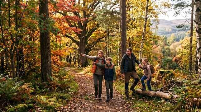 A happy family of four hiking through a colorful autumn forest. The mother and son point at something while walking on a scenic woodland trail covered in fall leaves.