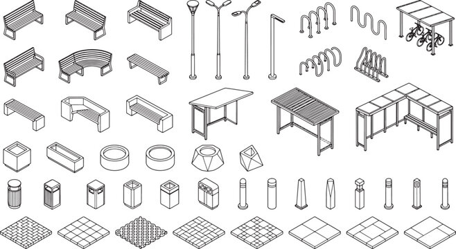Isometric street furniture set with benches lamps bike racks and trash bins in black line art style