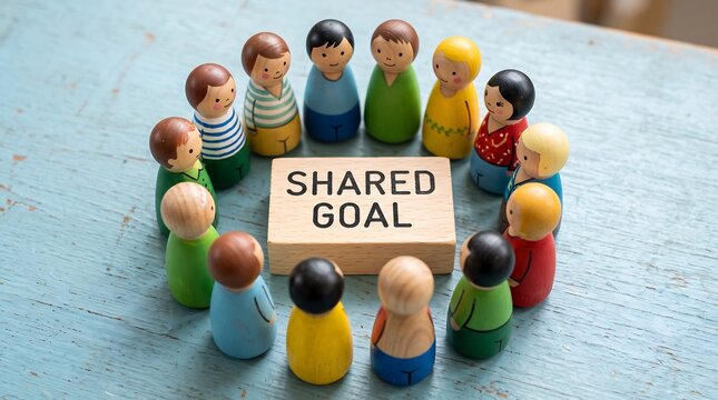 Wooden people figures standing in circle around shared goal