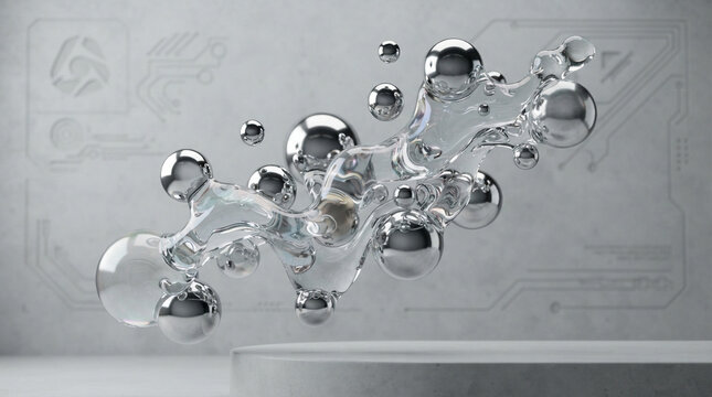 Metallic spheres emerge from a fluid amorphous shape against a circuit board like background