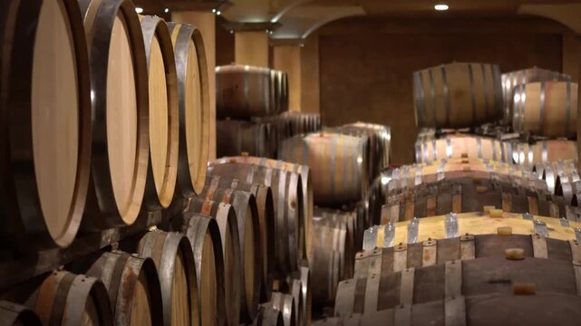 Oak wine barrels in wine cellar, traditional wooden barrels used for high quality wine fermentation and storage process, aging wine collection in basement