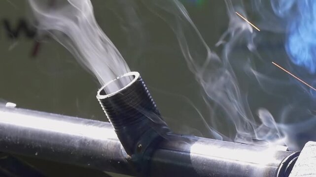 A robotic argon welding arm joins metal pipe sections with controlled motion during an industrial welding process. Bright sparks flare around the welding area as the process continues.